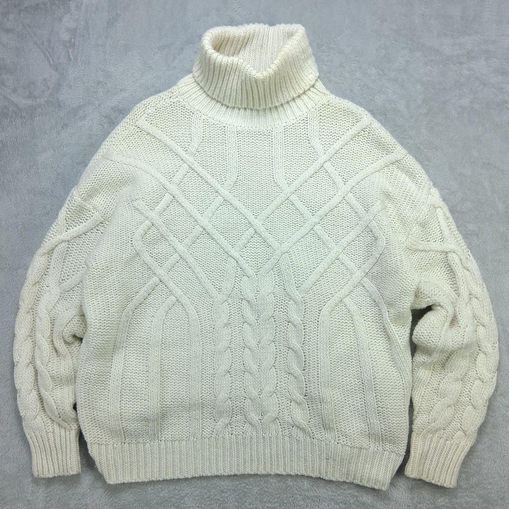FAVLUX Women Cream Chunky Cable Knit Turtleneck Sweater Size L Cozy Winter